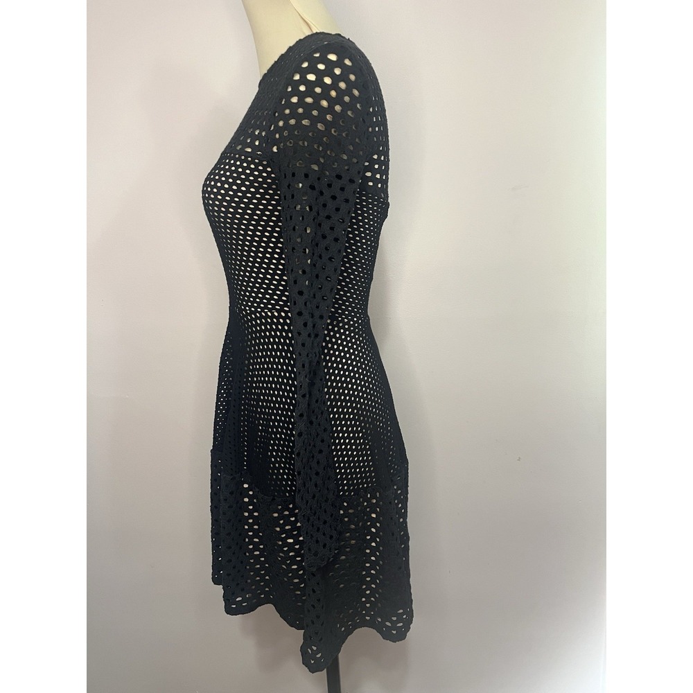 BCBG MAXAZRIA Black Mesh Eyelet Long Sleeve Fit Flare Dress XS Gothic Cocktail - Picture 5 of 14